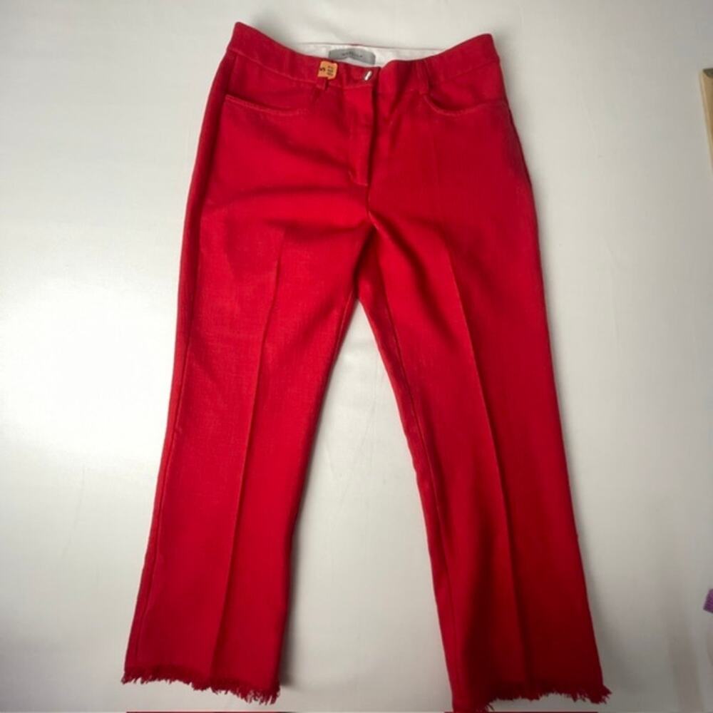 Marella Red Frayed Hem Cropped Pants Italy Chic Stretch Straight Leg 8 Italian